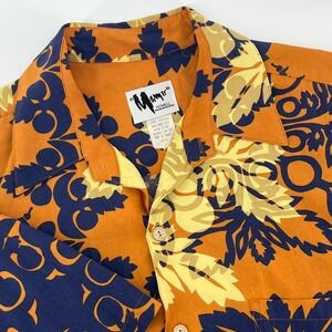 Mamo Howell Men Large Hawaiian Shirt Orange Navy Rayon Short Sleeve Aloha Hawaii